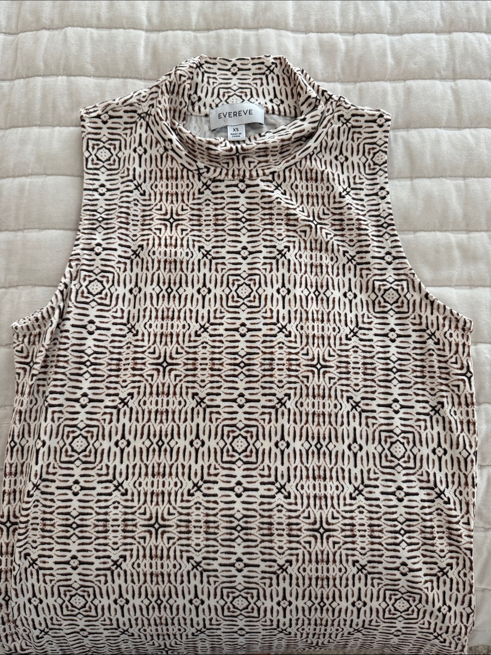 Brand New Evereve Sleeveless Mock Neck Tank in Cream and Brown Geo Print